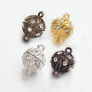 Alloy Rhinestone Magnetic Clasps with Loops, Round, Lead Free & Cadmium Free, Mixed Color, 19x12.5mm, Hole: 2mm(PALLOY-M149-01-RS)