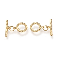 Brass Toggle Clasps, Long-Lasting Plated, Twist Ring & Bar, Real 18K Gold Plated, Twist Ring: 13x10x2~3.5mm, Hole: 1.8mm, Bar: 17.5x5.5x2~4mm, Hole: 1.8mm(X-KK-F820-03A-G)