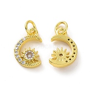 Brass Micro Pave Cubic Zirconia Charms, Real 18K Gold Plated, with Jump Ring, Moon, Clear, 14x9x3mm, Jump Ring: 5x0.8mm, Inner Diameter: 3.2mm(KK-E068-VF051)