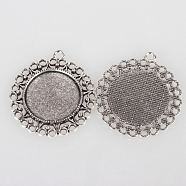 Vintage Tibetan Style Alloy Flower Pendant Cabochon Bezel Settings, Cadmium Free & Lead Free, Antique Silver, Flat Round Tray: 25mm, 44x39x2mm, Hole: 3mm, about 120pcs/kg(TIBEP-O006-31AS)