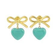 Bowknot 304 Stainless Steel Studs Earrings, Heart Enamel Dangle Earrings for Women, Cadet Blue, 22x19mm(EJEW-Z047-04G-01)