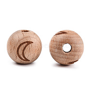 Engraved Beech Wood Beads, Round, BurlyWood, Undyed, Round, Moon Pattern, 15~16x14.5~15mm, Hole: 3~4mm(WOOD-N015-04B)