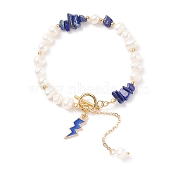 Natural Lapis Lazuli Chips & Pearl Beaded Bracelet with Enamel Lighting Bolt Charms, Gemstone Jewelry for Women, Golden, 7-5/8 inch(19.5cm)(BJEW-JB08332-11)