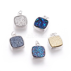Druzy Resin Pendants, with Brass Finding, Square, Platinum, Mixed Color, 16x12.5x4~6mm, Hole: 3mm(KK-J273-BP)