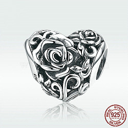 925 Sterling Silver European Beads, Large Hole Beads, Heart with Rose, Antique Silver, 11x13mm, Hole: 4.2~4.5mm(STER-FF0009-08AS-09)