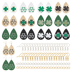 SUPERFINDINGS DIY 12Pairs Clover Style PU Leather Earring Making Kits, Including 24Pcs Teardrop Pendants, Brass Earring Hooks & Jump Rings, Mixed Color, 56x37x1.5mm, hole: 1.2mm(DIY-FH0002-26)