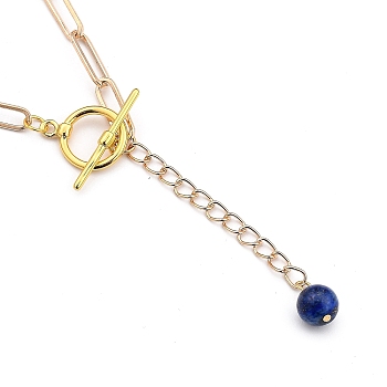 Lariat Necklaces, with Round Natural Lapis Lazuli Beads, Brass Toggle Clasps, Iron Paperclip Chains and Cardboard Box, Golden, 16.33~16.53 inch(41.5~42cm)