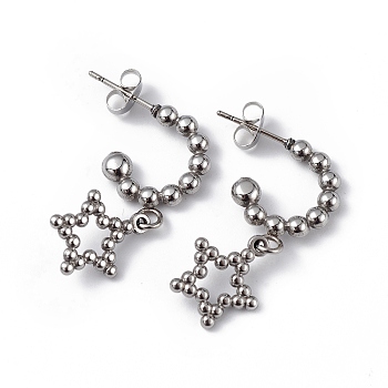 304 Stainless Steel Hollow out Star Dangle Stud Earrings for Women, Stainless Steel Color, 30.5mm, Pin: 0.6mm