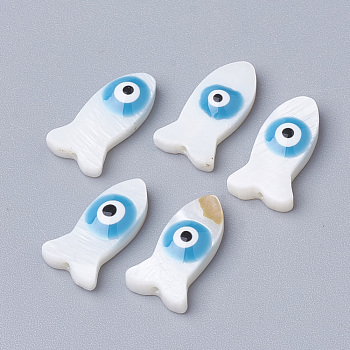 Natural Freshwater Shell Beads, Fish  with Evil Eye, Dodger Blue, 15.5x8.5x3.5mm, Hole: 0.8~1mm