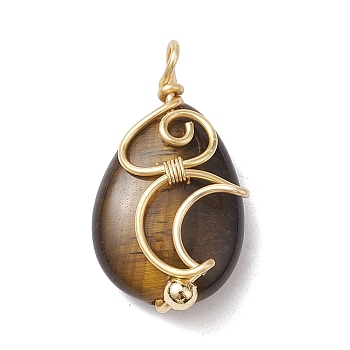 Natural Tiger Eye Copper Wire Wrapped Pendants, Teardrop Charms with Moon, Golden, 24x13x7.5~8mm, Hole: 2~2.5mm