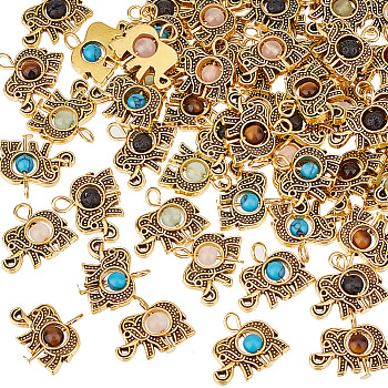 Elite 60Pcs Natural & Synthetic Mixed Gemstone Pendants, Animal Charm, with Tibetan Style Alloy Findings and Iron Loops, Mixed Dyed and Undyed, Antique Golden, 15.5x18x4mm, Hole: 2.5mm