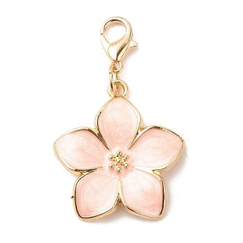 Alloy Enamel Flower Pendant Decorations, Lobster Clasp Charms, for Keychain, Purse, Backpack Ornament, Pink, 42mm