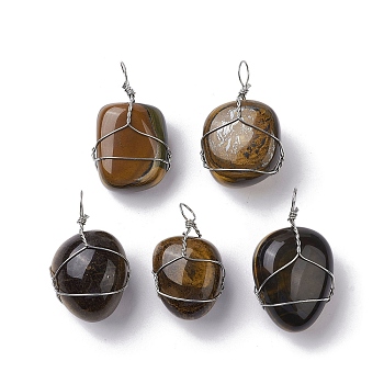 Natural Tiger Eye Copper Wire Wrapped Pendants, Nuggets Charms, Platinum, 29.5~37x14~22x9.5~17.5mm, Hole: 2.2mm