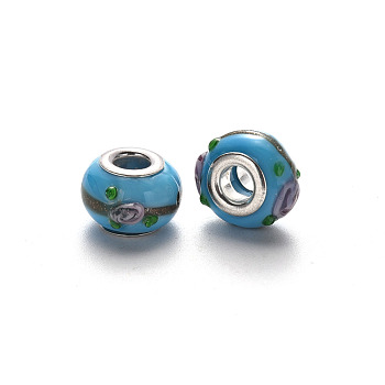 Handmade Lampwork European Beads, Large Hole Rondelle Beads, Bumpy Lampwork, with Glitter Powder and Platinum Tone Brass Double Cores, Sky Blue, 14~15x9~10mm, Hole: 5mm