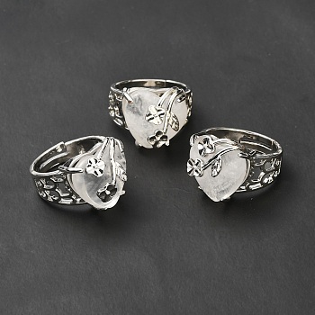 Natural Quartz Crystal Adjustable Rings, Platinum Tone Heart with Flower Brass Rings for Women, Cadmium Free & Lead Free, US Size 6 3/4(17.1mm), 4.5~9mm
