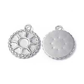 304 Stainless Steel Pendant Cabochon Setting, Flat Round with Sun Charm, Stainless Steel Color, Tray: 4mm, 16.5x14x1.5mm, Hole: 1.8mm