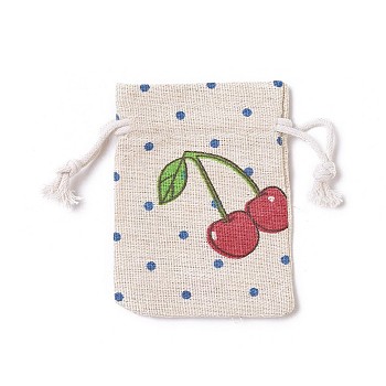 Burlap Packing Pouches, Drawstring Bags, Rectangle with Cherry Pattern, Colorful, 8.7~9x7~7.2cm