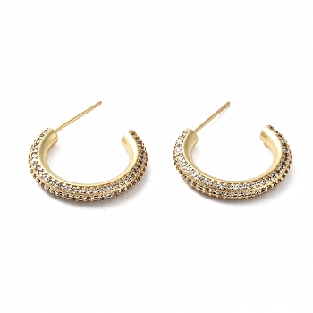 Cubic Zirconia C-shape Stud Earrings, Rack Plating Real 18K Gold Plated Brass Half Hoop Earrings for Women, Lead Free & Cadmium Free, Clear, 19.5x3mm, Pin: 0.7mm