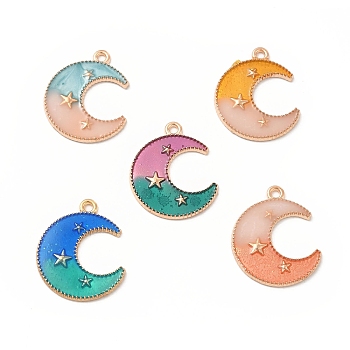 Alloy Pendants, with 2 Tone Enamel, Crescent Moon with Star Charm, Golden, Mixed Color, 23x18.5x1.5mm, Hole: 1.6mm