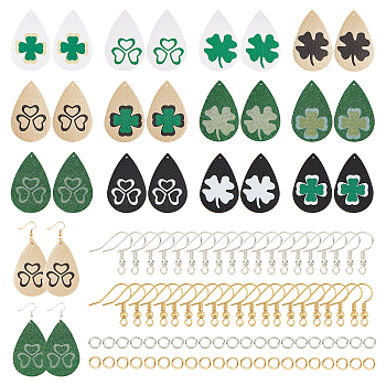 SUPERFINDINGS DIY 12Pairs Clover Style PU Leather Earring Making Kits, Including 24Pcs Teardrop Pendants, Brass Earring Hooks & Jump Rings, Mixed Color, 56x37x1.5mm, hole: 1.2mm