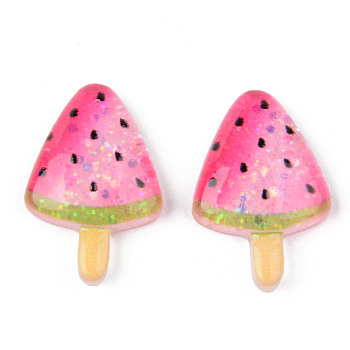 Resin Decoden Cabochons, Watermelon, with Glitter Sequins, Imitation Food, Hot Pink, 24x16x6mm