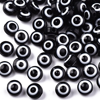 Resin Beads, Flat Round, Evil Eye, Black, 6x4mm, Hole: 1.5mm
