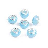 Imitation Jade Glass European Beads, Large Hole Beads, with Brass Cores, AB Color Plated, Faceted, Rondelle, Sky Blue, 13.5~14x9~9.5mm, Hole: 5mm(GPDL-N004-B14mm-A03)