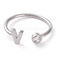 Brass Micro Pave Clear Cubic Zirconia Cuff Rings, Open Rings, Long-Lasting Plated, Real Platinum Plated, Letter.V, US Size 6, Inner Diameter: 17mm(RJEW-J074-01P-V)