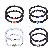 FIBLOOM 8Pcs 8 Style Natural Howlite & Black Glass Stretch Bracelets Set, Hamsa Hand with Evil Eye Alloy Stackable Bracelets, Inner Diameter: 2-1/8 inch(5.4cm), 1Pc/style(BJEW-FI0001-51)