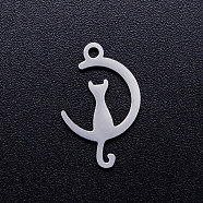 201 Stainless Steel Kitten Pendants, Crescent Moon with Cat Shape, Stainless Steel Color, 17.5x11x1mm, Hole: 1.5mm(STAS-Q201-JN272-1)