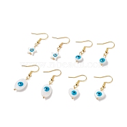 Natural Shell Evil Eye Dangle Earrings with Enamel, Gold Plated 304 Stainless Steel Jewelry for Women, Mixed Shape, White, 32~39mm, Pin: 0.6mm(EJEW-JE04990)