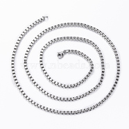 304 Stainless Steel Box Chain Necklaces, with Lobster Clasps and Extender Chains, Stainless Steel Color, 26.7 inch(68cm)(NJEW-K089-06P)