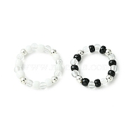 2Pcs 2 Color Acrylic & Glass Seed Beaded Stretch Rings Set for Women, Black and White, Inner Diameter: 18.3~19.3mm, 1Pc/color(RJEW-JR00593)