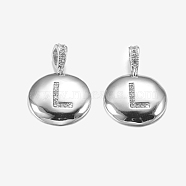 Brass Pendants, with Cubic Zirconia, Cadmium Free & Lead Free, Flat Round with Letter, Platinum, Letter.L, 22mm, Hole: 2x3mm, Pendant: 15x3mm(KK-K194-L-P-RS)