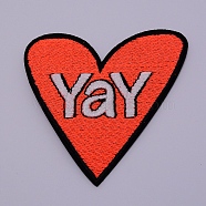 Computerized Embroidery Cloth Iron on/Sew on Patches, Costume Accessories, Appliques, Heart with Word Yay, Red, 80x82x2mm(DIY-TAC0008-23)