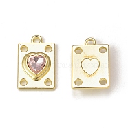 Rack Plating Alloy Glass Pendants, Golden, Rectangle with Heart Charms, Pink, 19.5x12.5x5mm, Hole: 1.8mm(PALLOY-P291-06G-02)