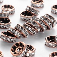 Brass Rhinestone Spacer Beads, Grade AAA, Straight Flange, Red Copper Metal Color, Rondelle, Crystal, Nickel Free, 10x4mm, Hole: 2mm(RB-A014-Z10mm-01R-NF)