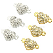 10 Sets 2 Colors Alloy Crystal Rhinestone Magnetic Clasps, Heart, Platinum & Light Gold, 11x18.5x6.5mm, Hole: 1.4mm, 5 sets/color(PALLOY-CJ0002-36)