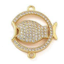 Rack Plating Brass Micro Pave Clear Cubic Zirconia Fish Connector Charms, Long-Lasting Plated, Lead Free & Cadmium Free, Real 18K Gold Plated, 26.5x21.5x5mm, Hole: 1.8mm(kk-A234-46G)