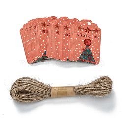 Rectangle Christmas Theme Kraft Paper Cord Display Cards, with 10m Bundle Hemp Rope, Christmas Tree Pattern, 7x4x0.03cm, Hole: 5mm, 50pcs; Rope: 10m Long, 2mm In Diameter(CDIS-K003-02C)