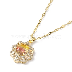 Brass Micro Pave Cubic Zirconia Pendant Necklaces, with Glass, Flower, Gold, 15.47 inch(393mm)(NJEW-C039-04KCG-01)