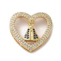 Eco-Friendly Rack Plating Brass Micro Pave Cubic Zirconia Slider Charms, Long-Lasting Plated, Lead Free & Cadmium Free, Heart with Saint Charm, Real 18K Gold Plated, 24x25.5x7mm, Hole: 5.5~6x1~2mm(KK-F853-33G)