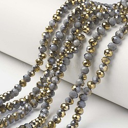 Electroplate Opaque Glass Beads Strands, Half Golden Plated, Faceted, Rondelle, Dark Gray, 3x2mm, Hole: 0.8mm, about 165~169pcs/strand, 15~16 inch(38~40cm)(EGLA-A034-P2mm-O16)