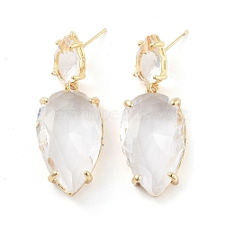 Glass Teardrop Dangle Stud Earrings, Light Gold Brass Earrings, Clear, 41x16mm(EJEW-Q800-16B-KCG)