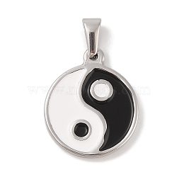 304 Stainless Steel Pendants, with Enamel, Flat Round with Yin-yang Charm, Stainless Steel Color, 24x20x2.5mm, Hole: 3.5x6.5mm(STAS-S001-01P-A)