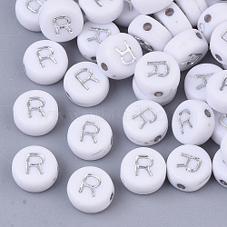 Plating Acrylic Beads, Silver Metal Enlaced, Horizontal Hole, Flat Round with Letter, White, Letter.R, 7x4mm, Hole: 1.2mm(X-PACR-R243-04R)