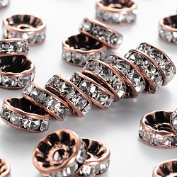 Brass Rhinestone Spacer Beads, Grade AAA, Straight Flange, Red Copper Metal Color, Rondelle, Crystal, Nickel Free, 10x4mm, Hole: 2mm(RB-A014-Z10mm-01R-NF)