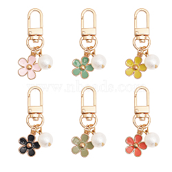 6Pcs 6 Colors Flower Alloy Enamel Pendant Decoration, with Plastic Pearl Charm, for Keychain Car Keyring Handbag Bag Purse Pendant, Mixed Color, 56mm, 1pc/color(HJEW-GL0001-10)