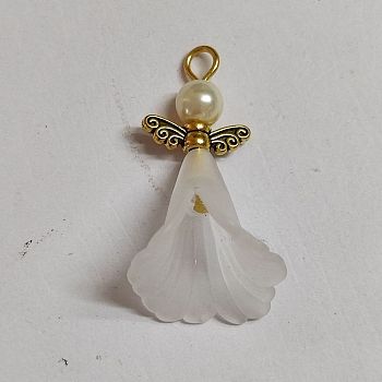 Angel Frosted Acrylic Pendants, with Glass Pearl Beads and Tibetan Style Alloy Wing Beads, Antique Golden, 35x18x17mm, Hole: 3~3.5mm