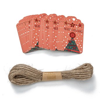 Rectangle Christmas Theme Kraft Paper Cord Display Cards, with 10m Bundle Hemp Rope, Christmas Tree Pattern, 7x4x0.03cm, Hole: 5mm, 50pcs; Rope: 10m Long, 2mm In Diameter